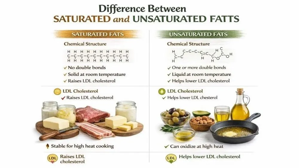 <p>Saturated</p><ul><li><p>only has single bonds between the chain of carbons and hydrogens</p></li><li><p>solid at room temperature (like butter or lard, unhealthy) </p></li></ul><p>Unsaturated </p><ul><li><p>has at least one double bond in the hydrocarbon chain of a lipid, causing a bend in the fatty acid </p></li><li><p>liquid at room temperature (like olive oil, more healthy)</p></li></ul><p></p>