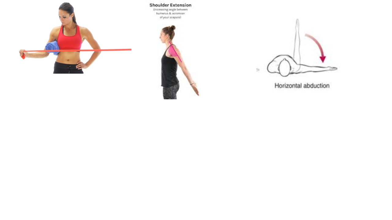 <p>Lateral Rotation, Extension, Horizontal Abduction, Abduction of the Shoulders</p>