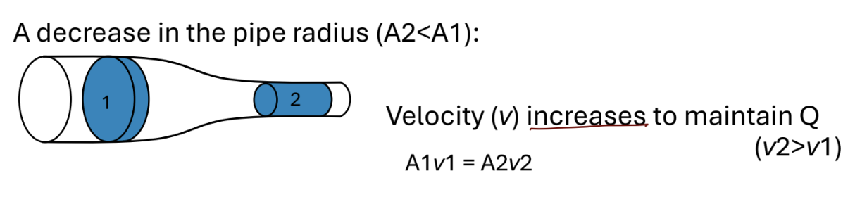 <ul><li><p>In a closed system, Q is conserved, meaning the same volume of fluid must pass through each section of the system per unit time</p></li><li><p>If the radius of a vessel decreases, the cross-sectional area decreases; since flow must remain constant, the velocity of fluid must increase to compensate</p></li></ul><p></p>