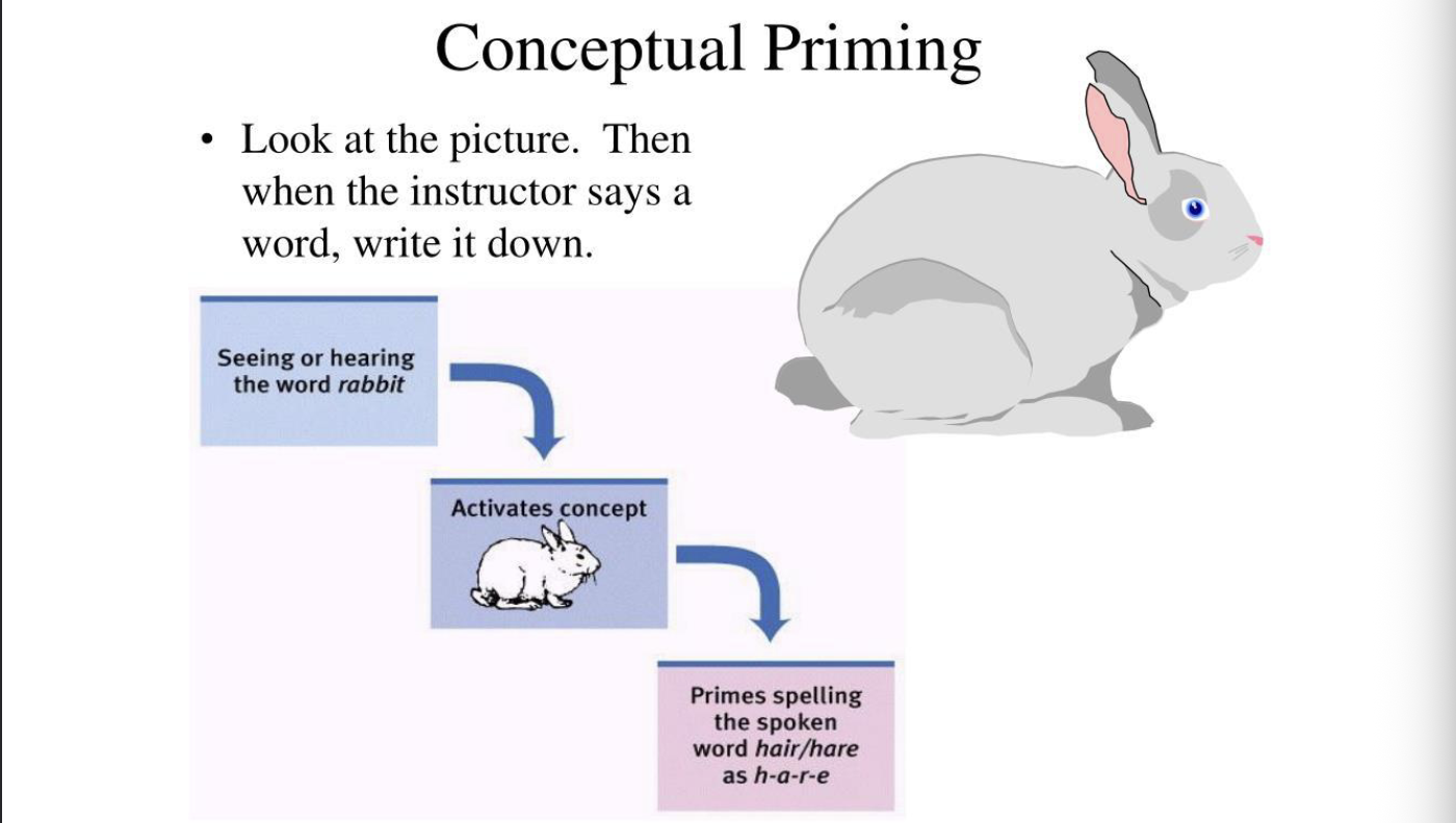 <p>A previous encounter with information facilitates later performance on SEMANTICALLY related information, even unconsciously </p><p></p><p>Examples </p><ul><li><p><span style="color: rgb(255, 242, 242);">You see the picture of a rabbit or hear the word “rabbit” first. Later you hear the sound “hair/hare.” When asked to write down the word that you heard, you are more likely to write down “hare” because “rabbit” and “hare” are semantically related words.</span></p></li><li><p><span style="color: rgb(255, 242, 242);">You fully understand what “negative reinforcement” means. But you choose the word “decreases” to fill in the blank of this statement: Negative reinforcement ____ the rate of responding.</span></p></li></ul><p></p>
