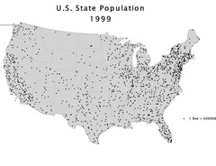 <p>Each dot represents a specific quantity of a spatial characteristic; can be confusing with overlapping data. Example: A map of US farms where one dot equals 1,000 acres of wheat.</p>