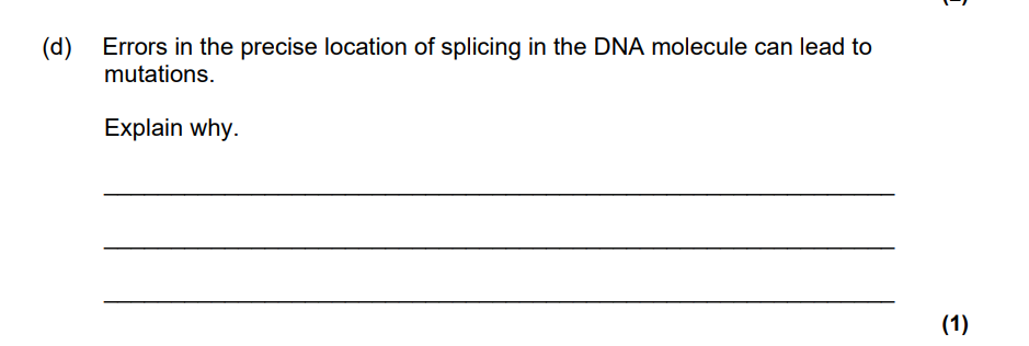 <p>Errors in the precise location of splicing in the DNA molecule an lead to mutations</p><p>Explain why</p>