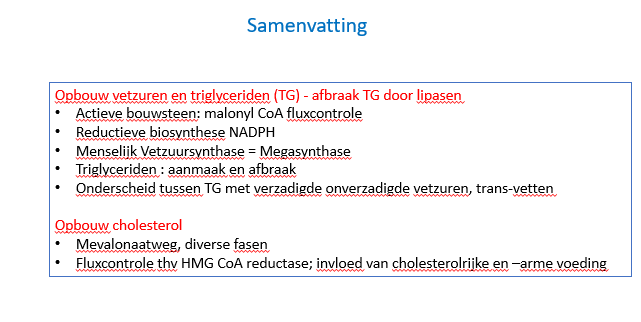 <p><span>Malonyl-CoA zorgt dat vetzuren niet terug in de mitochondriën gaan en verbrand worden.<br></span></p><p style="text-align: left;"><span>Cruciaal enzym in de polymerisatie van de C-atomen is het mega-synthase waarin alle katalytische sites vervat zitten.<br></span></p><p style="text-align: left;"><span>Voor afbraak triglyceriden zijn lipasen nodig, er zijn verschillende lipasen.<br></span></p><p style="text-align: left;"><span>Trans-vetten dragen bepaalde gezondheidsrisico’s met zich mee.<br></span></p><p style="text-align: left;"><span>Statines om circulerend cholesterol in het bloed te doen dalen en daardoor minder neerslag van cholesterol in de bloedvatwand en daardoor minder infarcten en beroertes die optreden.<br></span></p><p style="text-align: left;"><span>We halen ook cholesterol uit onze voeding, maar de lever zal compenseren wat we tekort hebben in de voeding.</span></p><p style="text-align: left;"><span>De lever kan dan heel wat cholesterol bijmaken.</span></p>