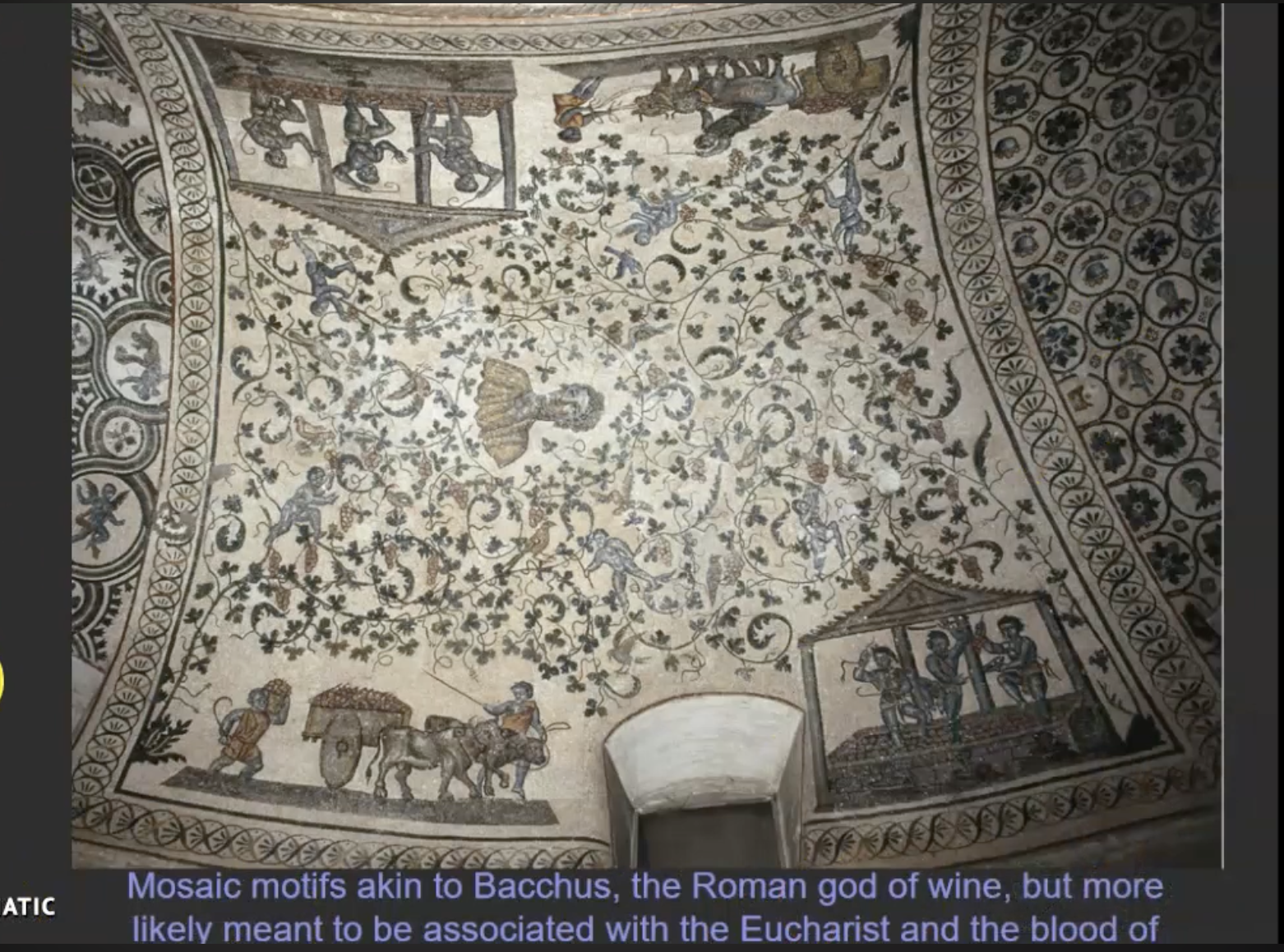 <p>-looking upward in that ambulatory vault, a <strong>mosaic</strong>.</p><p>-in the center of the composition you have a portrait of the deceased Costanza herself but it's almost swallowed up in a pattern of botanical grape leaves and vines intertwining and curving and moving throughout the composition. </p><p>-(2 big pictures in the bottom) here Bacchus, the Roman god of wine, was extremely popular ; he had you know celebratory connotations; But we are now in Christian times and so the interpretation for the fourth century viewer would be the Roman god of wine being analogous to the ceremony of the eucharist and the blood of Christ.</p>