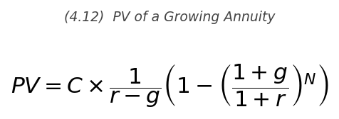 <p>PV = C \times \dfrac{1}{r-g}\left(1 - \left(\dfrac{1+g}{1+r}\right)^N\right)</p>