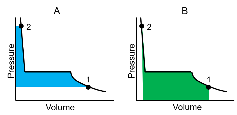 <p>As the pressure increases from point 1 to 2, which figure shows an area proportional to the change in Gibbs free energy?</p><p>A. A</p><p>B. B</p><p>C. Both are correct</p><p>D. None of them</p>
