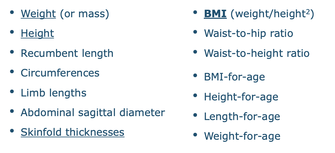<p>BMI (weight/height in kwadraat) <em>→ see also picture for other frequent measures, like skin fold thickness, circumferences and weight or height (for age).</em></p>