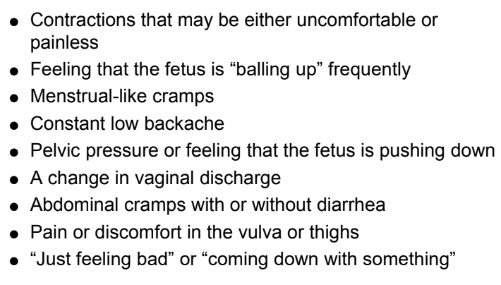 <p><strong>shortened cervix on ultrasound at 20 weeks </strong></p><p><strong>dx: cervical effacement &amp; dilation 2cm+</strong></p><ul><li><p>presense of <strong>fibronectin</strong> at <strong>22-24 weeks </strong></p></li></ul><p></p>