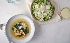 <p>Create a pairing of your choice one soup and one salad.</p><p>Soup options: Chefs kim magical mineral broth(VG)</p><p>Organic tumeric spiced chicken bone broth (VG)</p><p>Summertime tomato Gazpacho(VG)</p><p>Japanese sweet potato soup (VG)</p><p>Salad Options: Your favorite summer salad(VG WITH MODS)</p><p>The BEST argula salad (VG WITH MODS)</p><p>Little gem Caesar salad (VG WITH MODS)</p><p>Everyday kale and Brussels salad (VG WITH MODS)</p><p>Modifications: None for soup, Salad modifications remain the same as the large portions</p><p>Allergens: Depends on the salads and soup, Various Allergens</p>