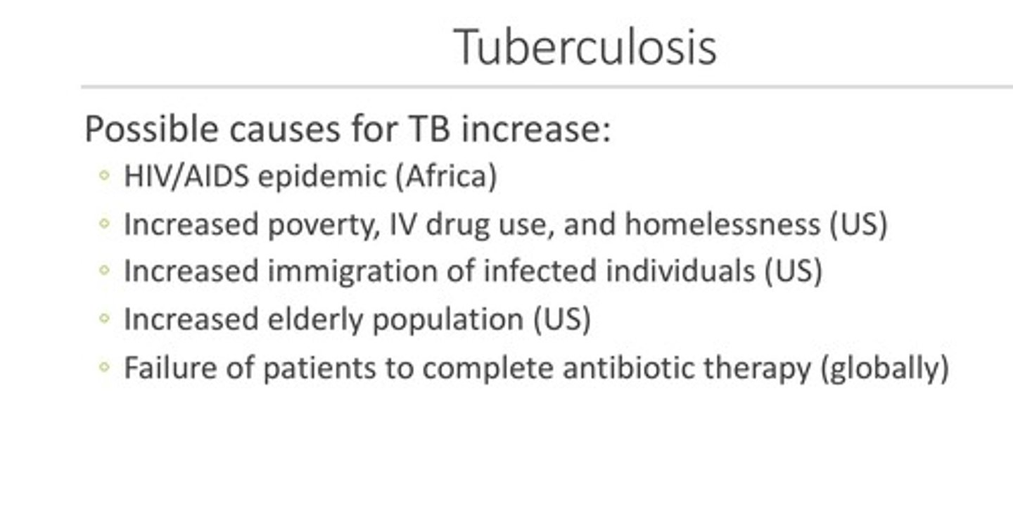 <p>Co-infection with HIV/AIDS, increased immigration of infected persons, increased number of institutionalized elderly (all of the above)</p>