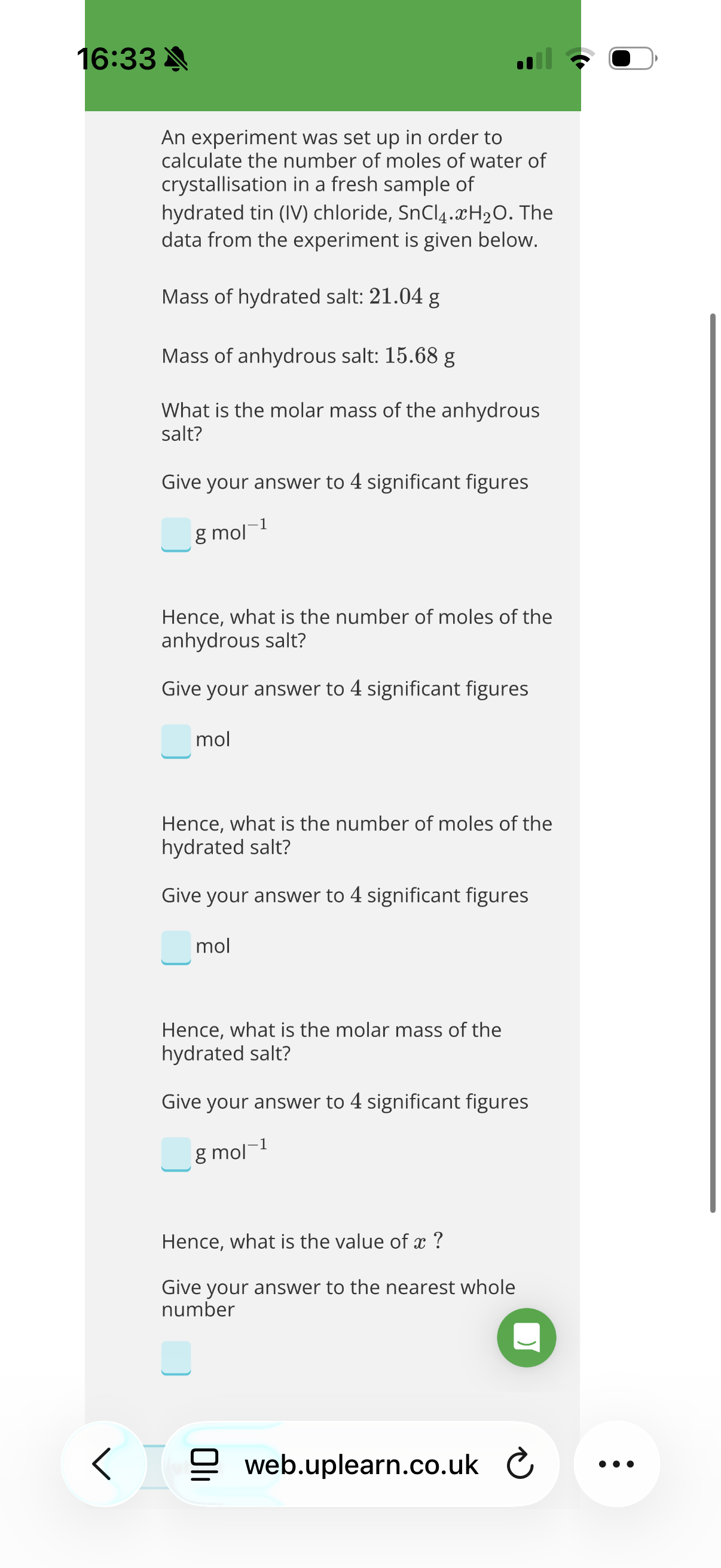 <ol><li><p>Answer image w?</p></li><li><p><span style="font-size: var(--ck-content-font-size);"><span>What would have happened to x if the sample of hydrated salt, SnCl4.⁢xH2O, had been left out overnight before doing the analysis to determine the amount of water of crystallisation in the sample?</span></span></p><p><span style="line-height: 0.75rem;"><span>Correct answersYour answers</span></span></p><p class="sc-fQpSrZ bvYkPV"><span style="font-size: var(--ck-content-font-size);"><span>A: x would have increased because the hydrated salt would gain water from the environment.</span></span></p><p class="sc-fQpSrZ bvYkPV"><span style="font-size: var(--ck-content-font-size);"><span>B: x would have decreased because the hydrated salt would lose water to the environment.</span></span></p></li></ol><p></p>