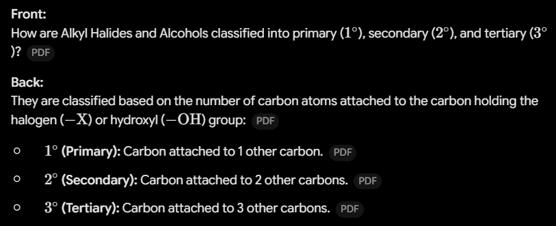 <p><span>They are classified based on the number of carbon atoms attached to the carbon holding the halogen (</span><span style="line-height: 1.15;">$-\text{X}$</span><span>) or hydroxyl (</span><span style="line-height: 1.15;">$-\text{OH}$</span><span>) group:</span></p><ul><li><p><span style="line-height: 1.15;"><strong>$1^\circ$</strong></span><span><strong> (Primary):</strong> Carbon attached to 1 other carbon.</span></p></li><li><p><span style="line-height: 1.15;"><strong>$2^\circ$</strong></span><span><strong> (Secondary):</strong> Carbon attached to 2 other carbons.</span></p></li><li><p><span style="line-height: 1.15;"><strong>$3^\circ$</strong></span><span><strong> (Tertiary):</strong> Carbon attached to 3 other carbons</span></p></li></ul><p></p>