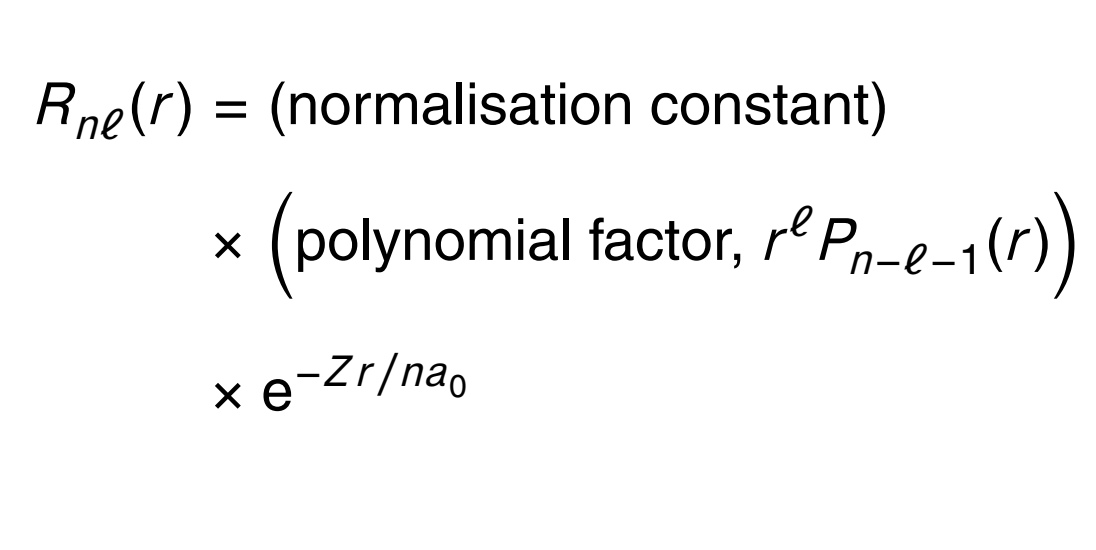 <p>what is the normalisation constant specified by?</p><p>what is the polynomial factor specified by?</p><p>how does the final term change with r?</p>