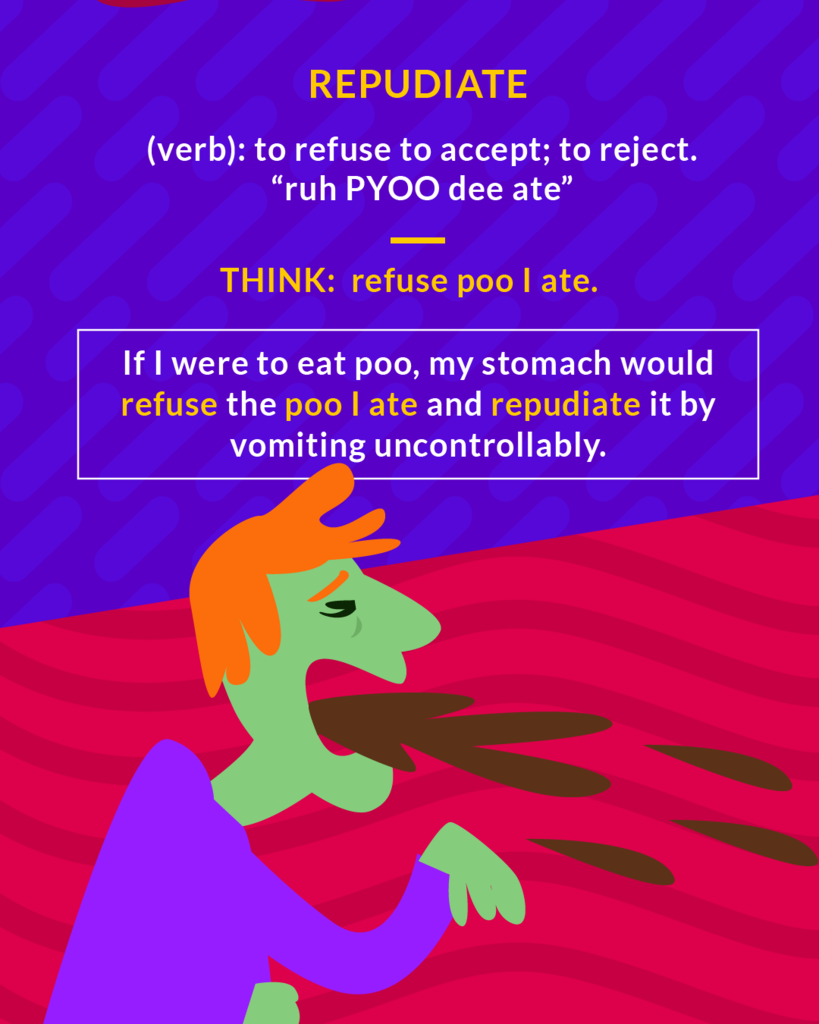 <p>(v.) to disown, reject, or deny the validity of</p><p>(verb) to reject</p>