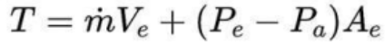 <p><strong>Thrust Equation </strong></p><ul><li><p><strong>__________ </strong> is the force that propels a  rocket forward </p><ul><li><p>where:</p><ul><li><p>m = mass flow rate (kg/s)</p></li><li><p>Ve= Exhaust velocity (m/s)</p></li><li><p>Pe = Pressure at nozzle exit (Pa)</p></li><li><p>Pa = Ambient Pressure (Pa)</p></li><li><p>Ae = Nozzle Exit Area (m²)</p></li></ul></li></ul></li><li><p>Seal Level vs. Thrust Vacuum Thrust</p><ul><li><p>In Vacuum _______, so thrust is maximized</p></li><li><p>At sea level, ____________ reduces thrust efficiency </p></li></ul></li></ul><p></p>