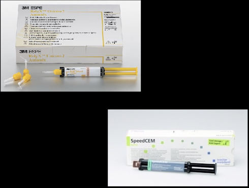 <ul><li><p>relyx unicem (3M ESPE) </p></li><li><p>speedcem (ivoclar vivadent) </p></li></ul><p></p>