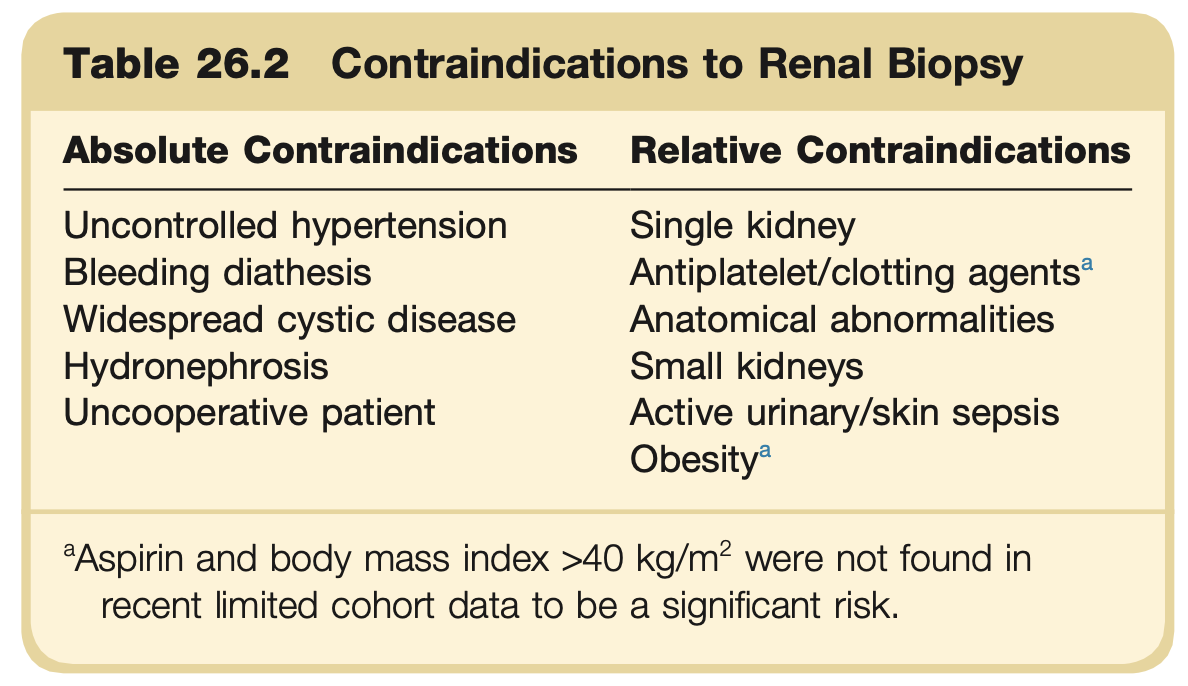 <ul><li><p><strong>Answer:</strong> c</p></li><li><p><strong>Reference:</strong> Chapter 26, The Renal Biopsy, Page 864</p></li></ul><p></p>