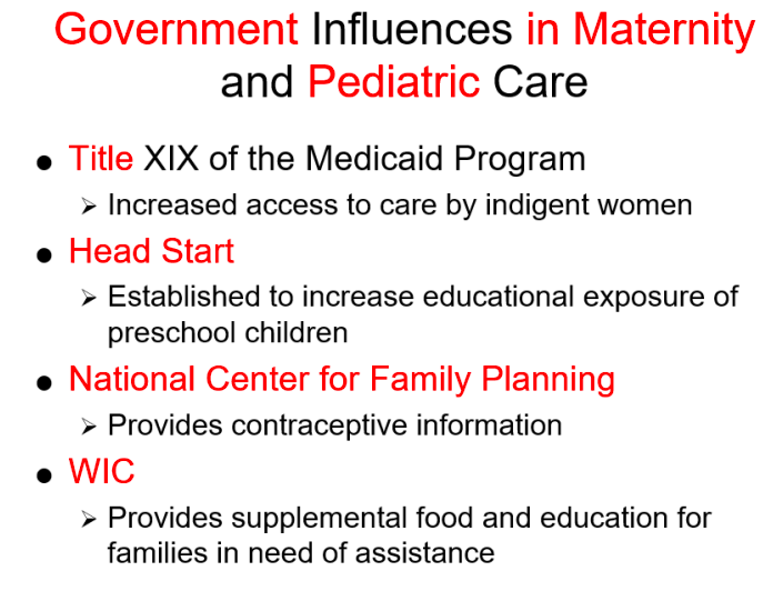 <p>Shepard Towner Act of 1921: state-managed programs for maternity care</p><p>FMLA: allows employees to take 12 weeks of unpaid leave to care for family member. cannot loose benefits/ pay status if they take FMLA</p><p>HIPPA: protect pt’s health info. allows pt access to &amp; control their health info. can only access minimum necessary health info.</p>