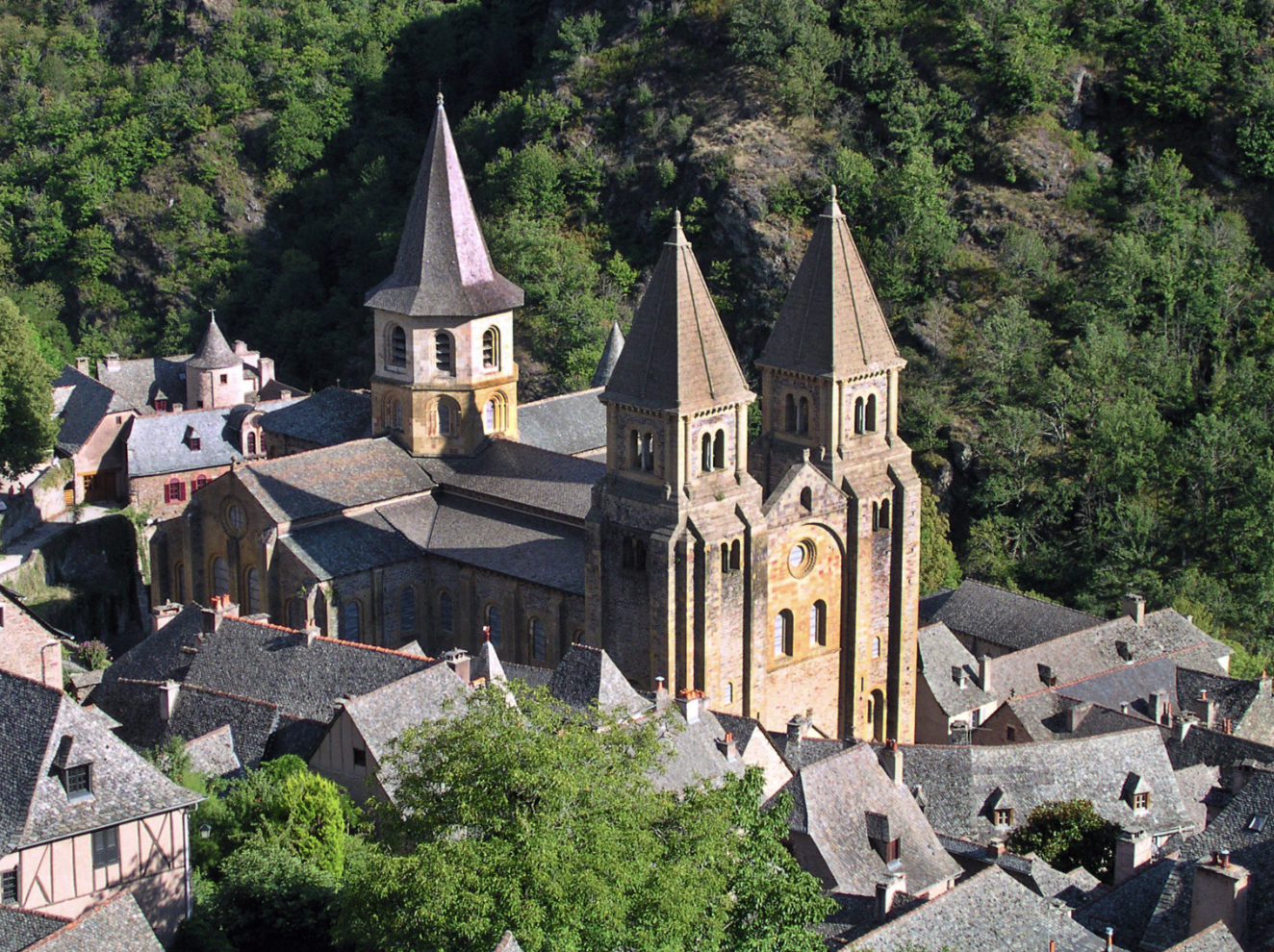 <p>Church of Sainte-Foy</p><ul><li><p>barrel-vaulted nave</p></li><li><p>less light</p></li><li><p>pilgrimage church</p></li></ul><p></p>