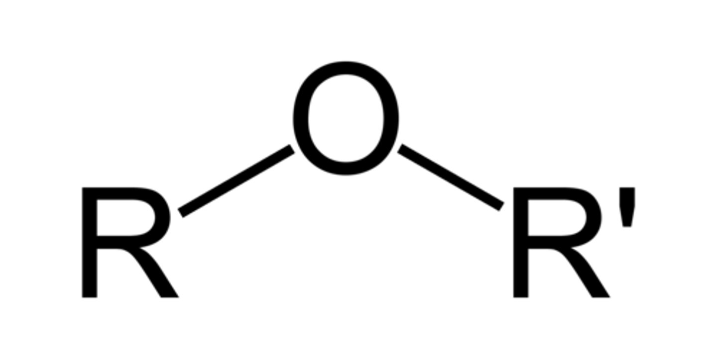 <p>characterized by an oxygen atom bonded to two alkyl or aryl groups</p>