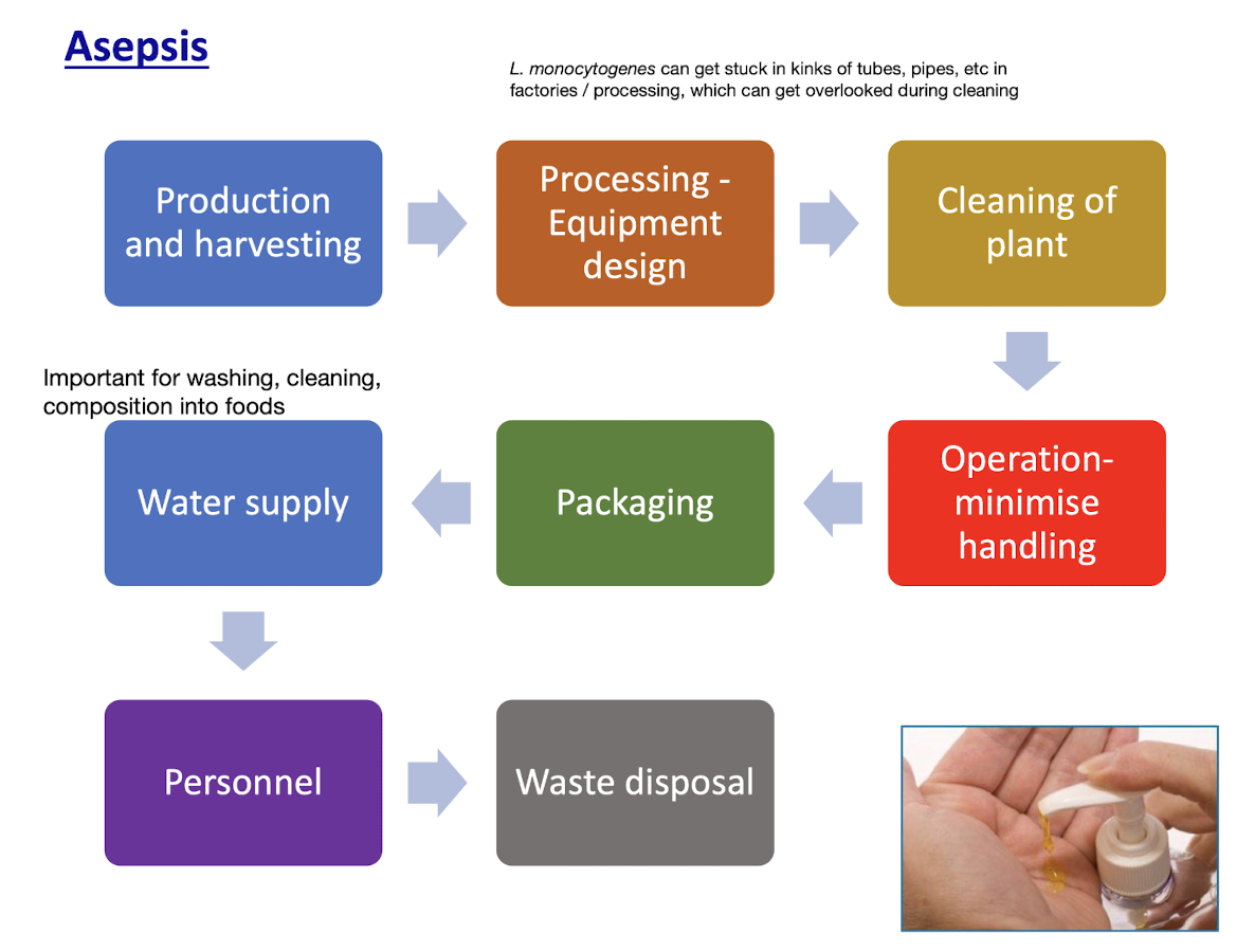 <p><strong>Asepsis is the absence of pathogenic microorganisms in a particular environment</strong>, achieved through sterile techniques, which prevents contamination of food products during processing and handling.</p><p><mark data-color="blue" style="background-color: blue; color: inherit;">Done via:</mark></p><ul><li><p><strong>Careful production and harvesting</strong></p></li><li><p><strong>Having easy to sterilise processing / factory equipment</strong></p></li><li><p><strong>Clean water supply, sterile packaging, minimal handling in operations</strong></p></li><li><p><strong>Ensuring cleanliness and sanitation of food handling areas</strong> <strong>and by personnel, proper waste disposal</strong></p></li><li><p>It aims to maintain a hygienic environment that minimises the risk of foodborne illness. </p></li></ul><p></p>