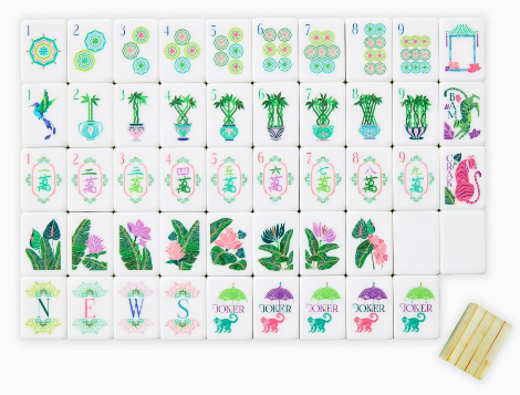 <p>Lush tropical energy; greens, soft pinks, aquas, and white; featuring potted palm themes.</p>