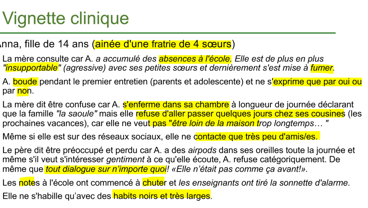 <p>concentrer sur tout petit chose (tenue, langage, regard, rictus)</p><p>sentiment de jugement école/pression => mère surement se rend pas compte sinon pas juger fille</p><p>bcp angoisse </p><p>discours diff entre celui parent et celui ado => incompérhension</p>