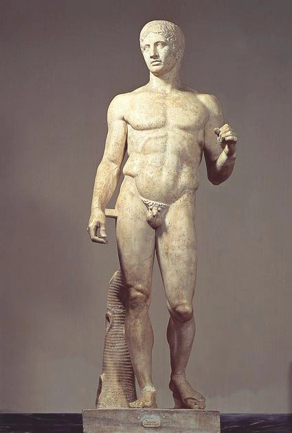 <p>A Roman marble copy of a Greek bronze sculpture by Polykleitos, demonstrating contrapposto and idealized human proportions.</p>