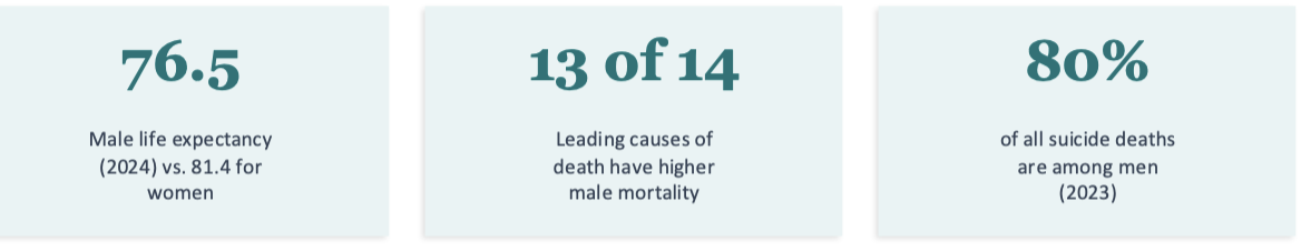 <p>in 2024, men's life expectancy was 76.5 years vs. 81.4 for women, a gap of nearly 5 years where, in 13 of the 14 leading causes of death common to both sexes, males have a higher age-adjusted mortality rate</p><ul><li><p>Alzheimer's is the sole exception</p></li><li><p>American Indian and Black men had the highest age-adjusted death rates in 2024, at roughly 1,200 per 100,000</p></li><li><p>Heart disease and cancer each kill more than 600,000 people annually → both disproportionately affect men</p></li><li><p>Drug overdose deaths spiked during the pandemic but fell 26% in 2024 → men remain more affected</p></li></ul><p></p>