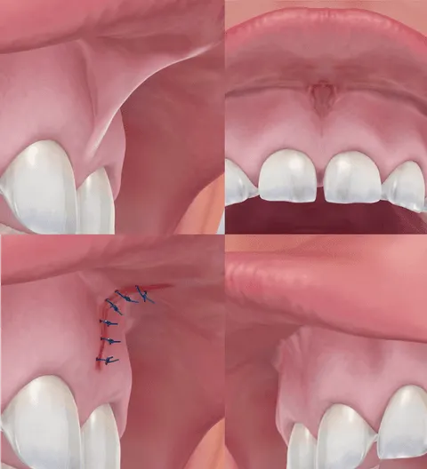 <p>Connective tissue that connects the upper lip to the anterior surface of the gums just above the front of the teeth (Maxillary gingiva)</p>