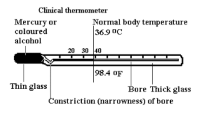 <p>It is a special type of mercury-in-glass thermometer. It is designed to record temperature range few degrees below and above normal body temperature (about 37oC). Its range is 35oC to 43oC. It has a constriction or a kink in the capillary tube that prevents the mercury from running back to the bulb. So, to reuse the thermometer again, it is given a jerk.</p>