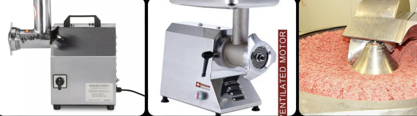 Memory: Meat goes in → rotating knives + plate → minced meat (1–13 mm).