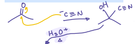 <p>Ketone + 1. -CN 2. H3O+ & heat</p>
