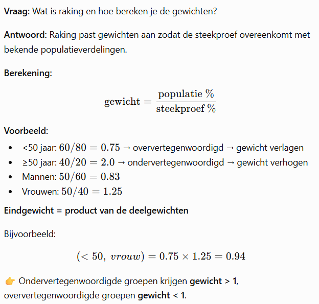 <p>-same as stratified random sampling but the siz of the strata does not have to be the same as in population.</p><figure data-type="blockquoteFigure"><div><blockquote><p>you devide people in to strata Randomly select members within each subgroup •Size of subgroups in sample is not proportional with size of subgroups in population, example: •Population: 200 students (80% women; 20% men) •Sample: 10 students (5 women; 5 men) Weighting (also called raking) can be used to correct differences between sample and population proportions during analyses weight indicates how important/much weight we should give to the particular observation when doing our analyses</p><p>In this example, we could give the female participants a bigger weight, because we make a correction of the oversampling of the males (see powerpoin</p></blockquote><figcaption></figcaption></div></figure><p>Why is this used? ➔ for some statistical techniques, it is important that you have enough participants in each group (for example when you do research on gender differences = might be interesting to have at least 10 male and 10 female participants) • Problem = now you have a sample that is not representative of the population. We have to take this into account and we can do this during the analyses by weighting • Weighting (also called raking) can be used to correct differences between sample and population proportions during analyses —> we give every individual a weight and this</p><p></p><p></p>