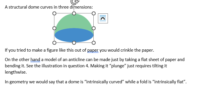 <p><span style="font-family: Calibri, sans-serif; line-height: 107%;">A structural dome curves in three dimensions:</span></p><p><span>If you tried to make a figure like this out of paper you would crinkle the paper.</span></p><p class="MsoNormal"><span>On the other hand a model of an anticline can be made just by taking a flat sheet of paper and bending it. See the illustration in question 4. Making it “plunge” just requires tilting it lengthwise.</span></p><p class="MsoNormal"><span>In geometry we would say that a dome is “intrinsically curved” while a fold is “intrinsically flat”.</span></p>