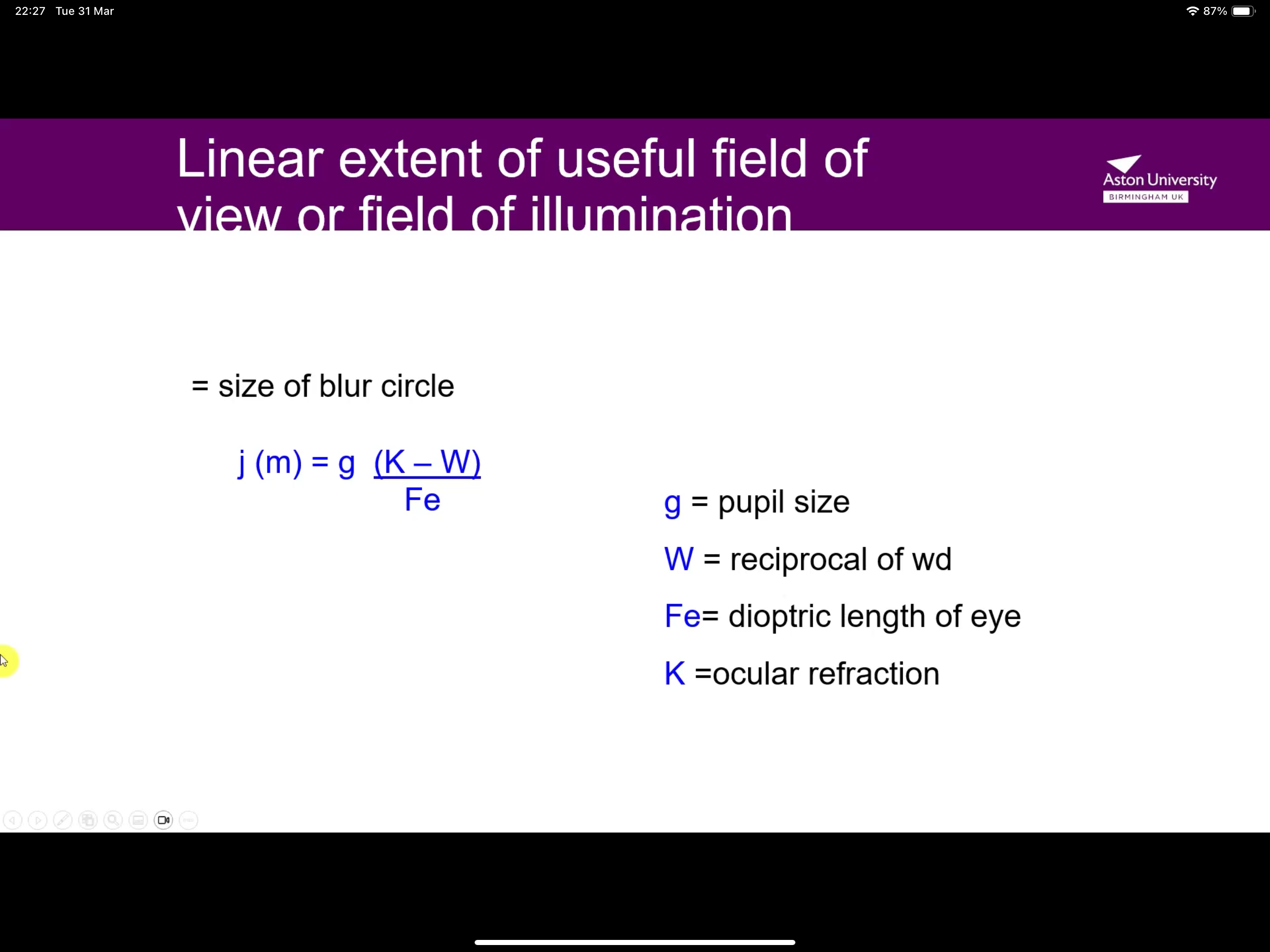<p>Pupil size x (ocular refraction - recpircal of wd) / 60 </p>