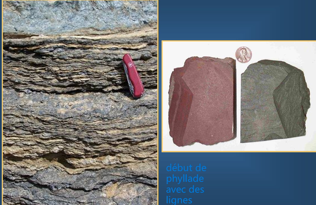<p>Une roche argileuse peut subir une transformation progressive en fonction de l’intensité du métamorphisme. À des températures et pressions modérées (environ 400°C), elle devient une ardoise. Si les conditions deviennent plus intenses, elle évolue en schiste, puis éventuellement en roches encore plus transformées comme la phyllade ou filade. </p><p>L’ardoise se forme à plus faible profondeur et à des températures plus modérées. Elle est généralement fine, compacte et peu cristallisée. Le schiste, en revanche, se forme à plus grande profondeur et à plus haute température. Il présente une structure plus cristalline et une schistosité plus marquée, c’est-à-dire une capacité à se débiter en feuillets.</p>