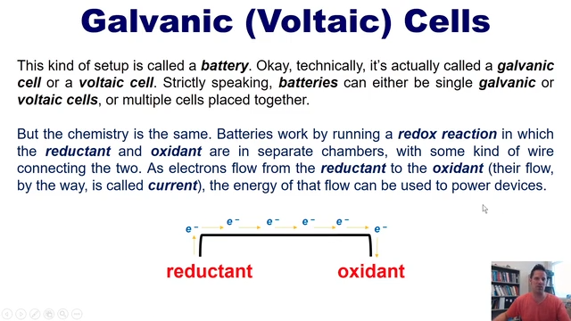 <p>a reductant and an oxidant are connected via a wire, creating a current through the wire, the energy of that flow can be used to power devices</p>