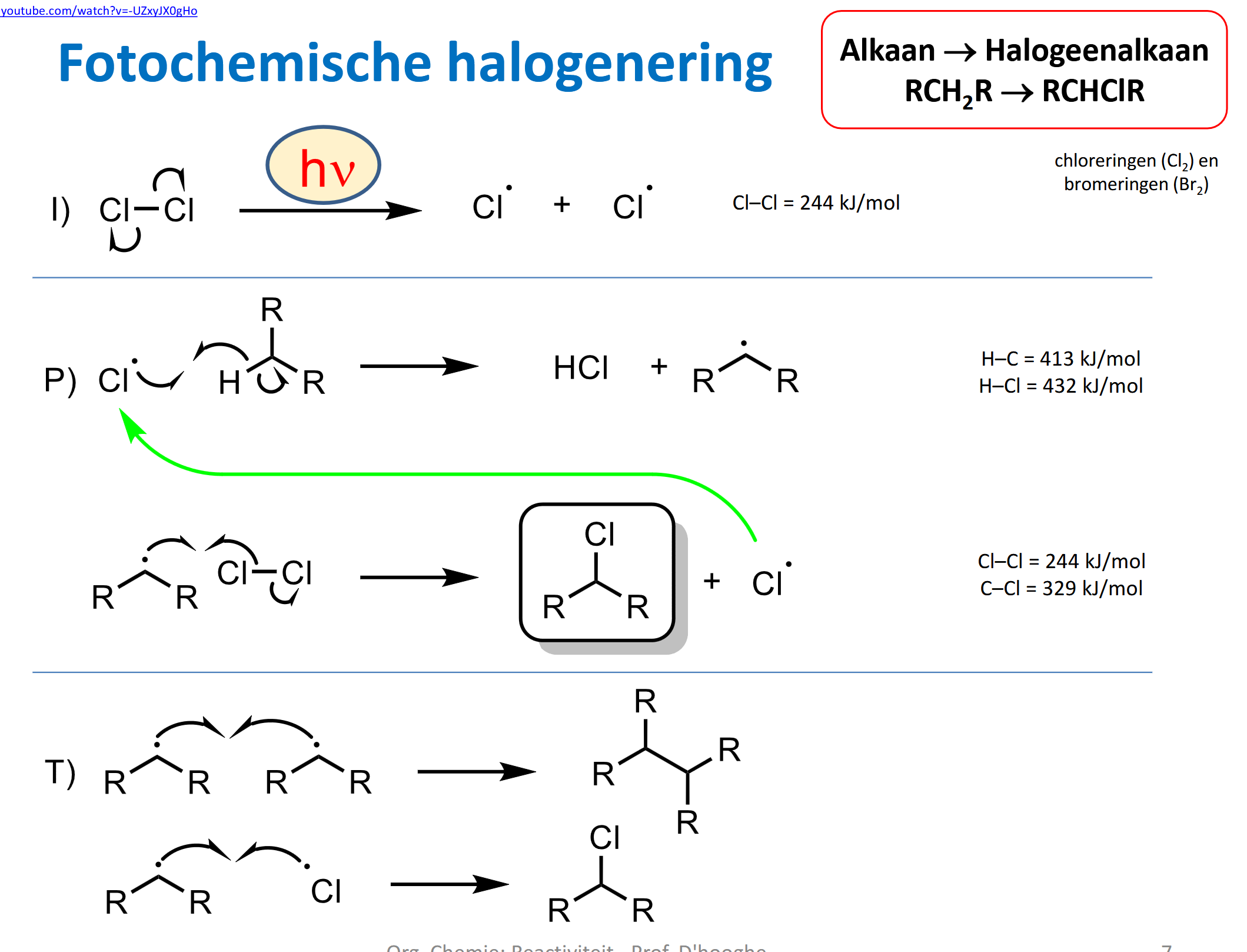 <p>p11.5</p><p>Initiatie</p><ul><li><p>Br2 of Cl2</p></li><li><p>via UV-lamp → UV-licht doet zwaktste binding breken, nl Cl-Cl</p></li></ul><p>Propagatie</p><ul><li><p>Cl<sup>.</sup> is heel reactief</p></li><li><p>H’s zitten aan buitenkant alkaan → kost weinig energie om binding te breken + zijn makkelijk bereidkbaar</p></li><li><p>door toevalligheden van botsingen</p></li><li><p>blijft heel de tijd doorgaan → tot radicalen elkaar beginnen tegenkomen en ze op geraken (en lamp uit waardoor geen nieuwe radicalen) → terminatie stap</p></li></ul><p>Terminatie</p><p></p>