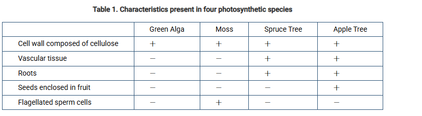 <p><span>Students analyzed several photosynthetic eukaryotic organisms in the laboratory to determine their phylogenetic relationships. The organisms were Spirogyra (a green alga), a moss, a spruce tree, and an apple tree. Table 1 compares several characteristics in the organisms (+ indicates the trait is present, - indicates the trait is absent).</span></p><p>Which of the following rows of data listed in table 1 best supports the possibility of a common ancestor for the organisms listed there?</p><p class="choice_paragraph">A) Vascular tissue</p><p><strong>B) </strong>Seeds enclosed in fruit</p><p><strong>C) </strong>Cell wall composed of cellulose</p><p><strong>D) </strong>Flagellated sperm cells</p>