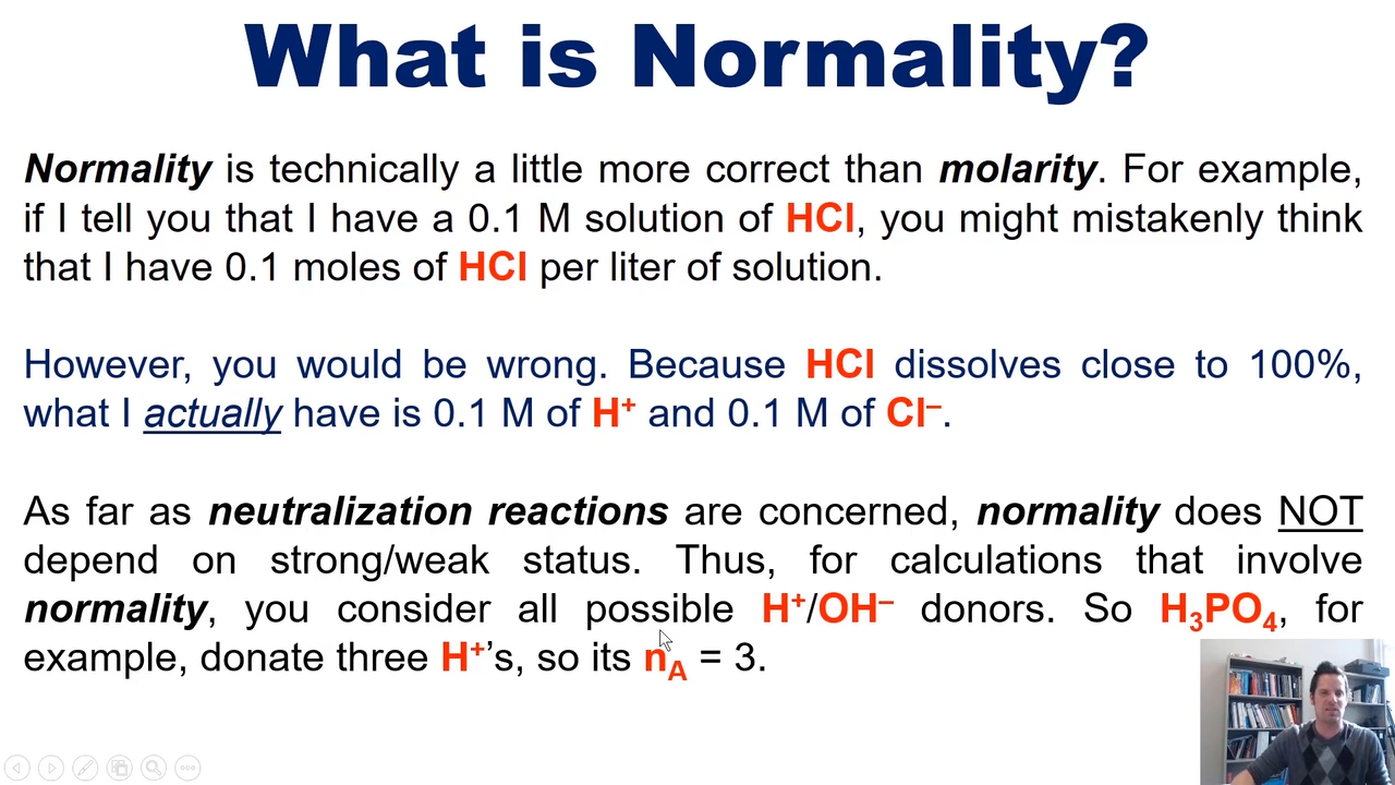<p>mols/liter, whats actually in the solution, as opposed to molarity, which only portrays what you dissolved in it in mols/liter</p>