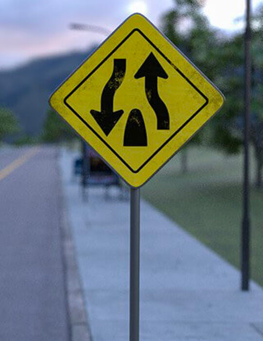 <p>What does this sign mean?<br>A. There is a roundabout ahead.<br>B. There is a traffic island or divider ahead.<br>C. There is a right turn ahead.<br>D. There is a blind curve ahead.</p>