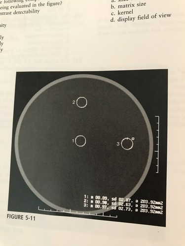 <p>Which region of interest (ROI) on the figure demonstrates the greatest amount of image noise?</p><p>A) 1</p><p>B) 2</p><p>C) 3</p><p>D) impossible to determine from the info provided</p>