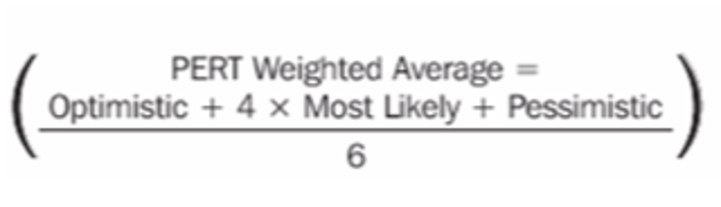 <p>• scheduling tool that uses weighted average formula to predict length of activities and the project</p><p>• (optimistic + (4 x realistic) + pessimistic/6</p>