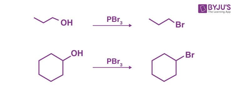 <p>R-OH—> R- Br (substitution, SN2, inversion of stereochem, no carbocation forms </p>