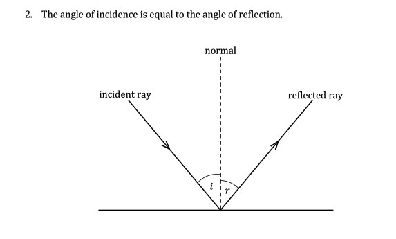 <p>1) The incident ray, the reflected ray and the normal , at the point of incidence, are all on the same plane. </p><p>2) The angle of incidence is equal to the angle of reflection </p>