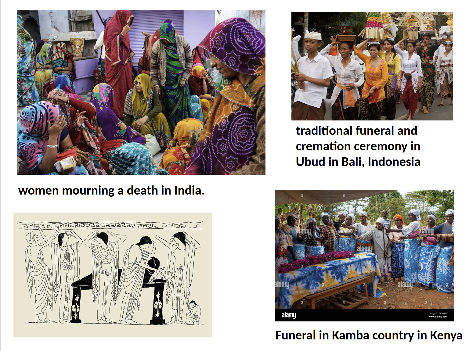 <ul><li><p>ritual mourning often undertaken by women, a.k.a. the work of pain, is common to many societies, including pre-Christian Europe</p></li><li><p>Luke 23:28 “<span>But Jesus turning unto them said, Daughters of Jerusalem, weep not for me, but weep for yourselves, and for your children.”</span></p></li><li><p><span>this expands to other cultures, where women undertake ritual moruning where men do not, which could tie into cultural concepts of men needing to be “strong” and not showing weakness (typically a “female” trait)</span></p></li></ul><p></p>