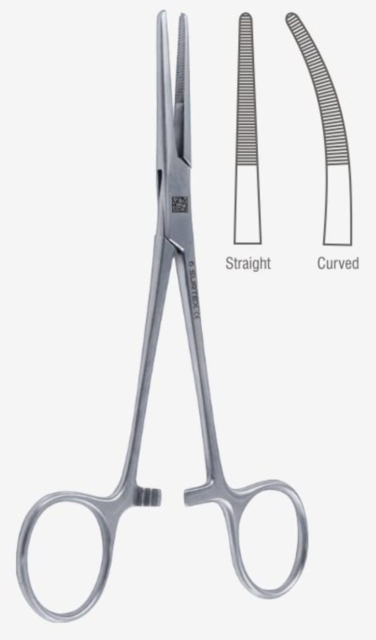 <p>They can have curved or straight jaws. They have horizontal serrations on the distal half of the jaws for grip. Clamps moderately sized vessels.</p>