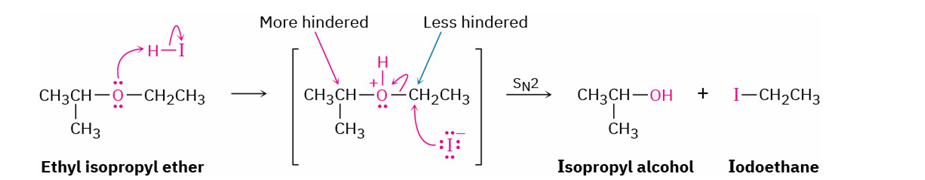 <ul><li><p>HBr / HI and water</p></li><li><p>HCl does not cleave ethers</p></li><li><p>alcohol and alkyl halide</p></li><li><p>SN2 (reacts with protonated ether at less hindered site)  </p></li><li><p>less hindered becomes halide </p></li><li><p>More hindered becomes alcohol</p></li></ul><p></p>