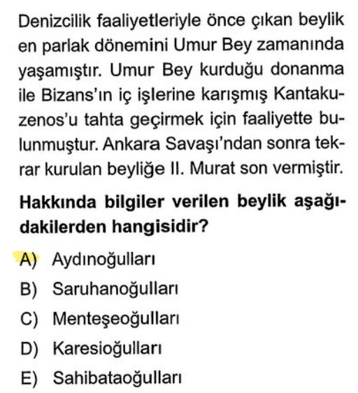 <p>Merkezi <strong>Aydın/Birgi</strong> olan bu beylik, döneminin en güçlü donanmasına sahipti.</p><p>Ege Adaları ve Bizans üzerinde ciddi baskı kurmuşlardır.</p>